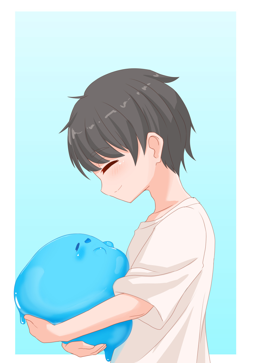 1boy, :d, absurdres, aqua_background, black_hair, blush, border, closed_eyes