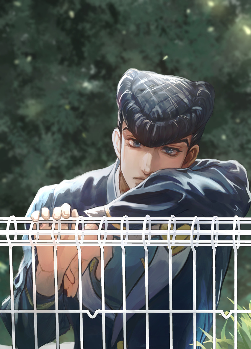 1boy, absurdres, against_railing, black_hair, blue_eyes, diamond_wa_kudakenai, higashikata_josuke, highres