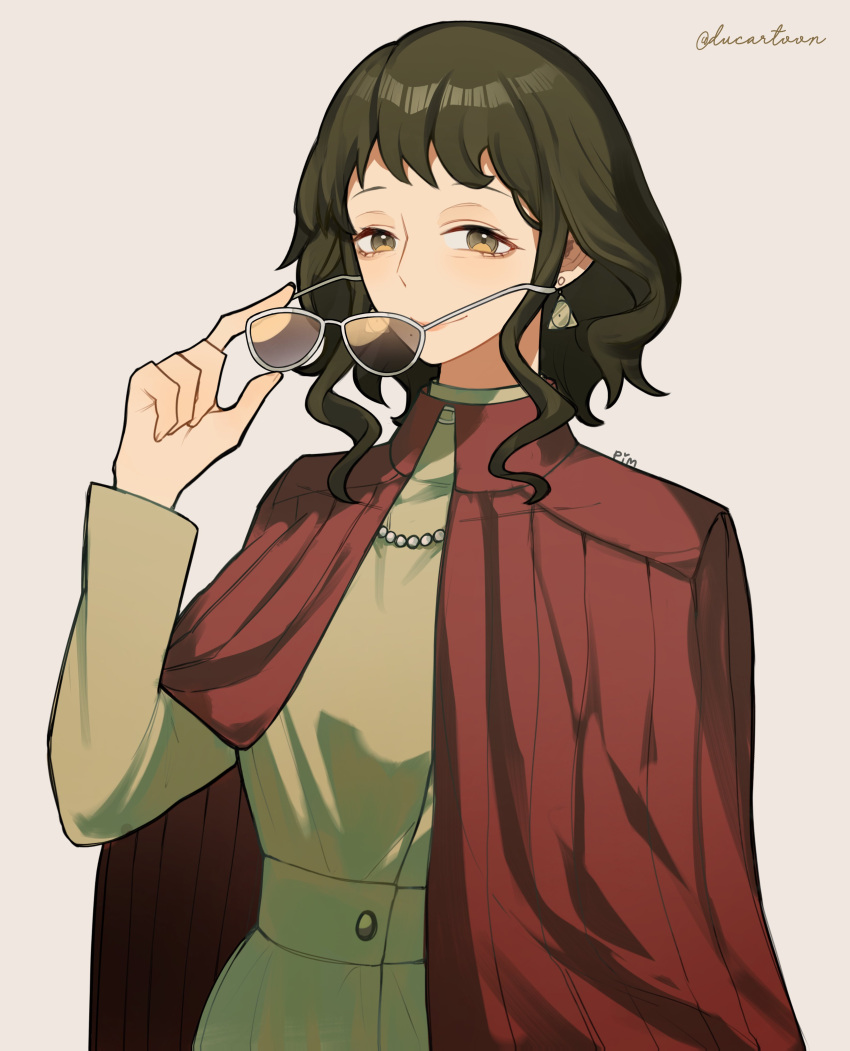 1girl, absurdres, black_hair, cape, closed_mouth, dress, ducartoon, earrings