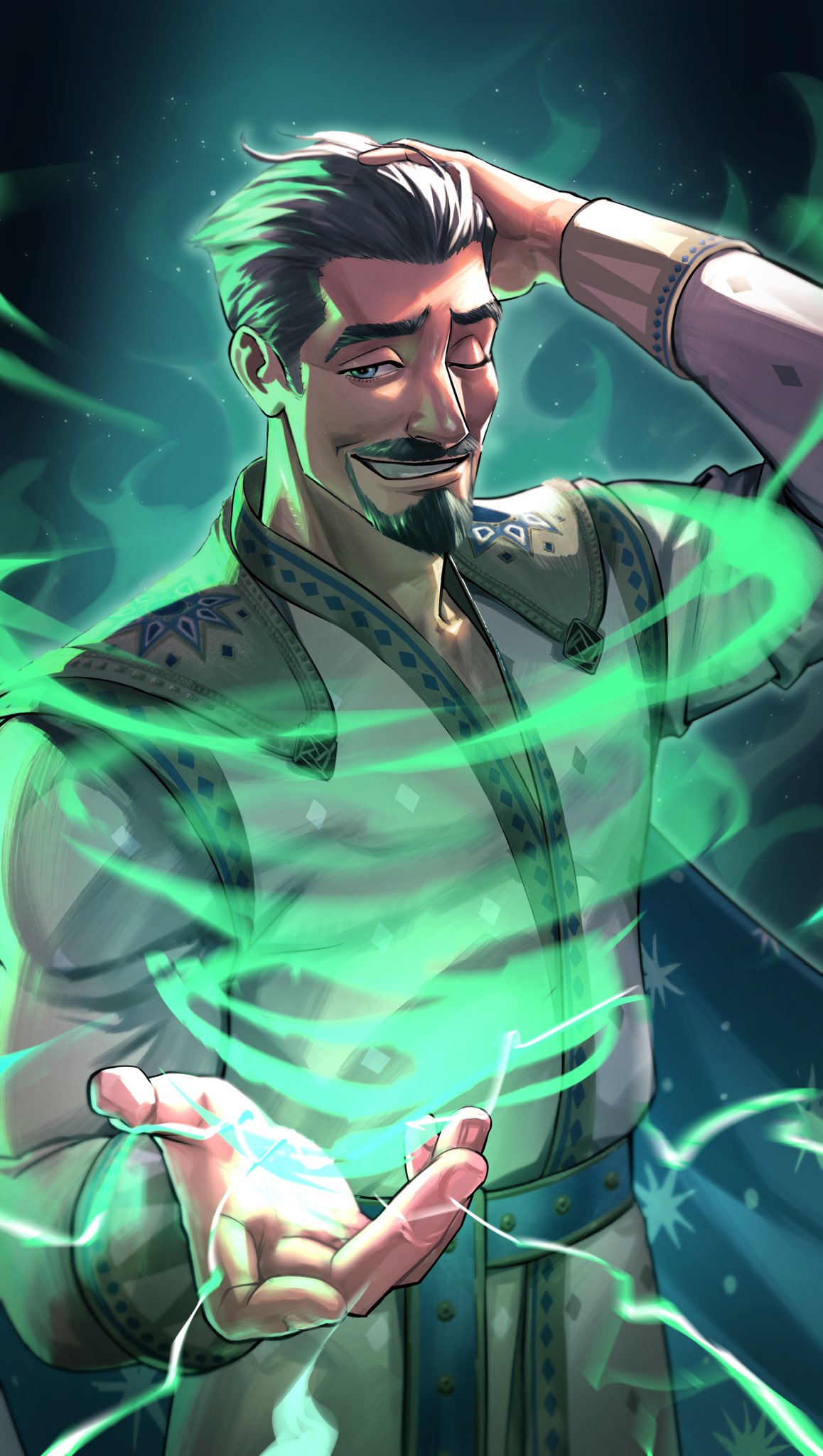1boy, beard, blue_eyes, cape, coat, colored_skin, dark_background, facial_hair