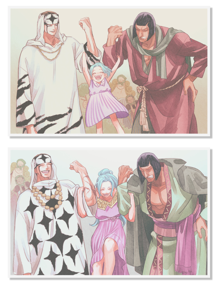 1girl, 4boys, absurdres, age_comparison, bare_pectorals, blue_hair, bob_cut, chaka_(one_piece)