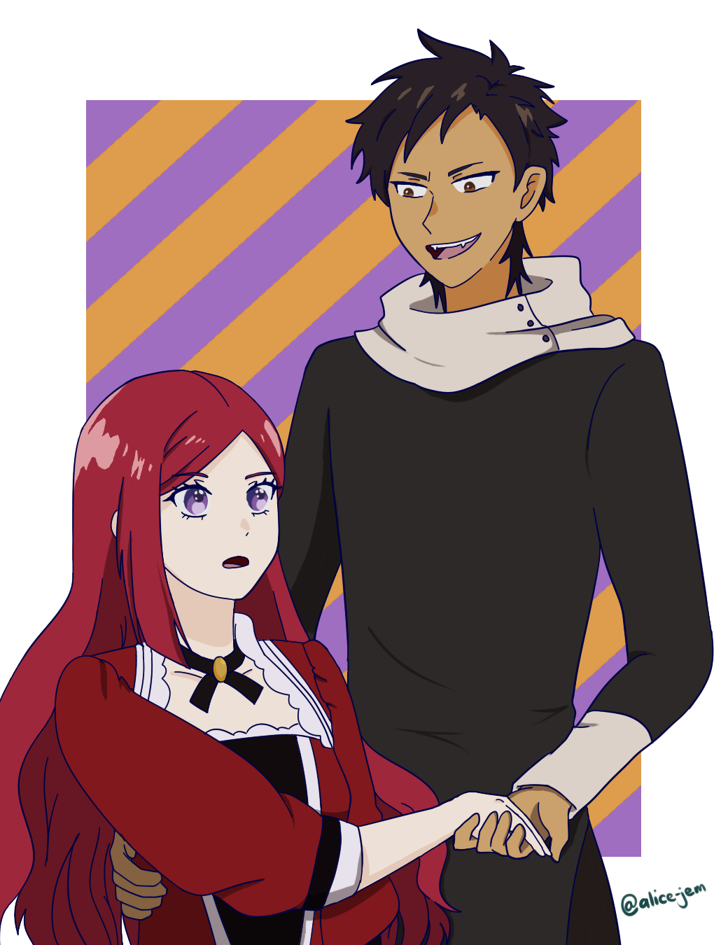 1boy, arms_behind_back, black_hair, brown_eyes, character_age, couple, dark_skin, dress