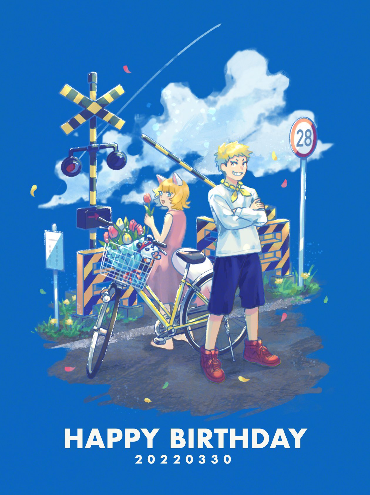 1boy, 1girl, 39_percent, animal_ears, bandana, bandana_around_neck, barefoot, bicycle, bicycle_basket, blonde_hair, blue_background, blue_shorts, boom_barrier, border, clouds, commentary_request, contrail, crossed_arms, dated, dress, fading_border, falling_petals, flower, grin, happy_birthday, highres, long_sleeves, looking_at_viewer, looking_back, medium_hair, napoli_no_otokotachi, outdoors, pele_(napoli_no_otokotachi), petals, pink_dress, railroad_crossing, railroad_signal, red_flower, red_footwear, road, road_sign, shirt, shoes, short_hair, shorts, sign, sleeveless, sleeveless_dress, smile, standing, sugiru_(napoli_no_otokotachi), tail, tulip, v-shaped_eyebrows, white_shirt, yellow_bandana, yellow_flower