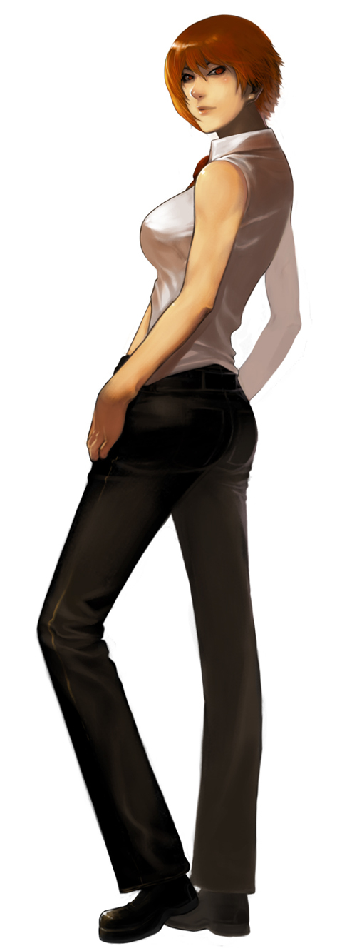 1girl, bare_shoulders, highres, king_of_fighters, necktie, pants, red_eyes, red_hair