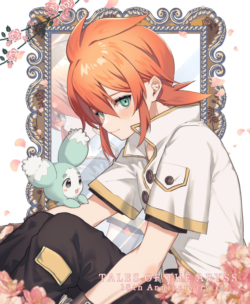 1boy, anniversary, black_pants, black_shirt, blush, brown_gloves, buttons, closed_mouth, commentary_request, copyright_name, creature, cropped_shirt, falling_petals, fingerless_gloves, flower, from_side, gloves, green_eyes, hair_between_eyes, highres, jacket, knees_up, looking_at_viewer, luke_fon_fabre, mieu_(tales), mirror, mitabichan, official_alternate_hair_length, official_alternate_hairstyle, open_mouth, pants, petals, pink_flower, pink_rose, popped_collar, redhead, rose, rose_petals, shirt, short_hair, short_sleeves, sidelocks, sitting, tales_of_(series), tales_of_the_abyss, white_jacket