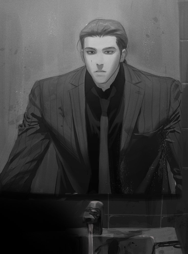 1boy, closed_mouth, collared_shirt, expressionless, gin_to_kin, greyscale, hair_slicked_back, indoors
