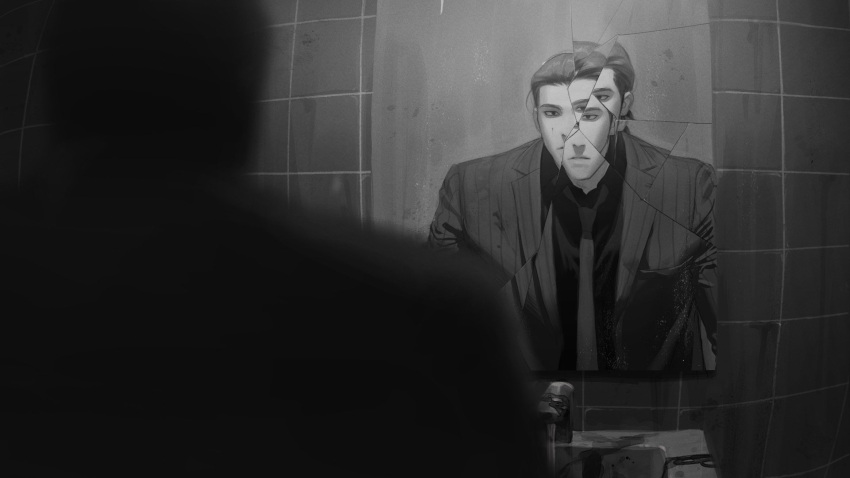 1boy, broken_mirror, closed_mouth, collared_shirt, commentary, expressionless, gin_to_kin, greyscale