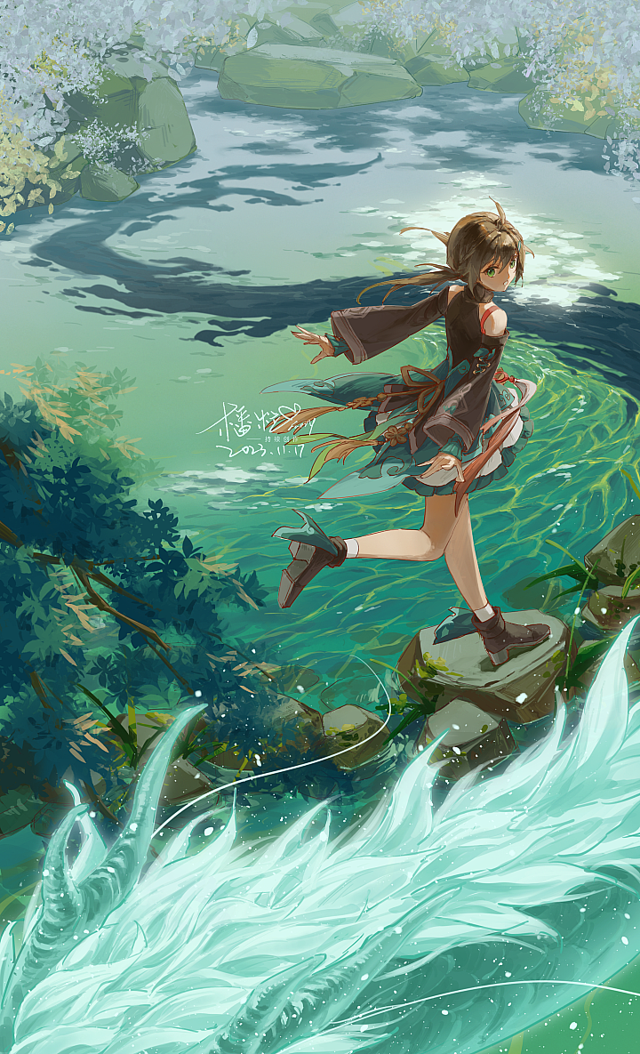 1girl, ahoge, arms_behind_back, bare_shoulders, brown_hair, dated, dragon, dragon_horns, faerybou, green_eyes, honkai:_star_rail, honkai_(series), horns, looking_to_the_side, low_twintails, qingque_(honkai:_star_rail), running, signature, solo, stepping_stones, tree, twintails, water
