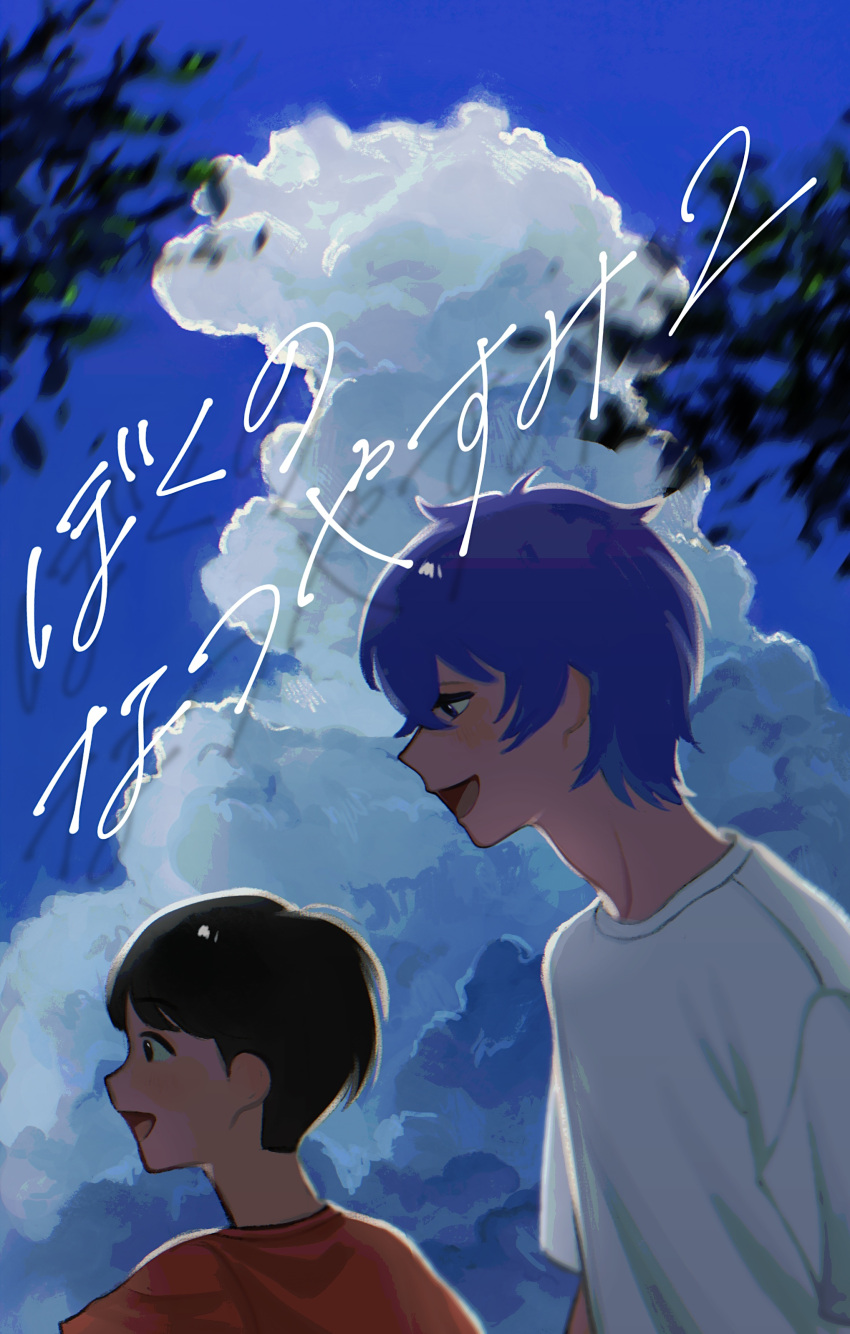 2boys, absurdres, black_eyes, black_hair, blue_sky, boku_(boku_no_natsuyasumi), boku_no_natsuyasumi, child