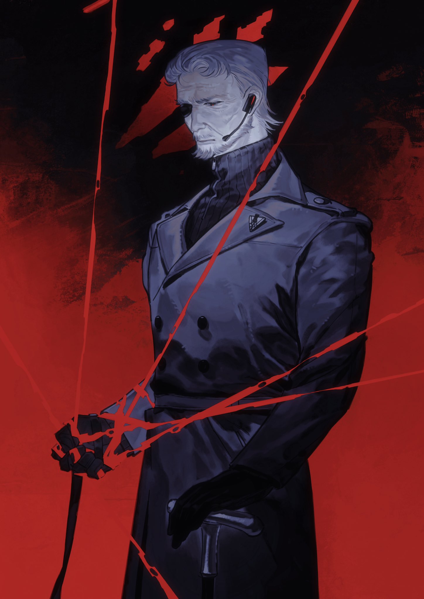 1boy, armored_core, armored_core_6, beard, bound, bound_arms, cane, coat