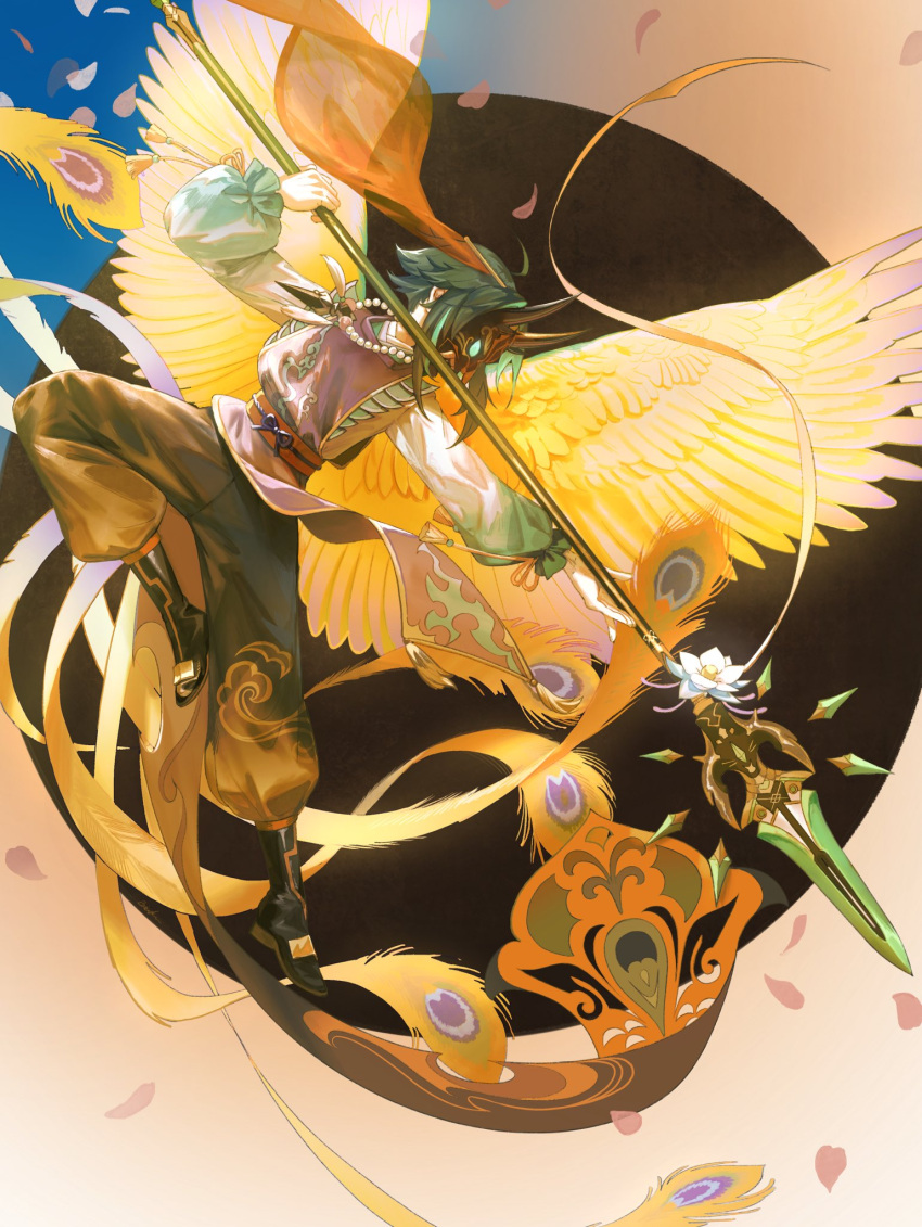 1boy, bead_necklace, beads, black_mask, feathered_wings, feathers, from_side, genshin_impact