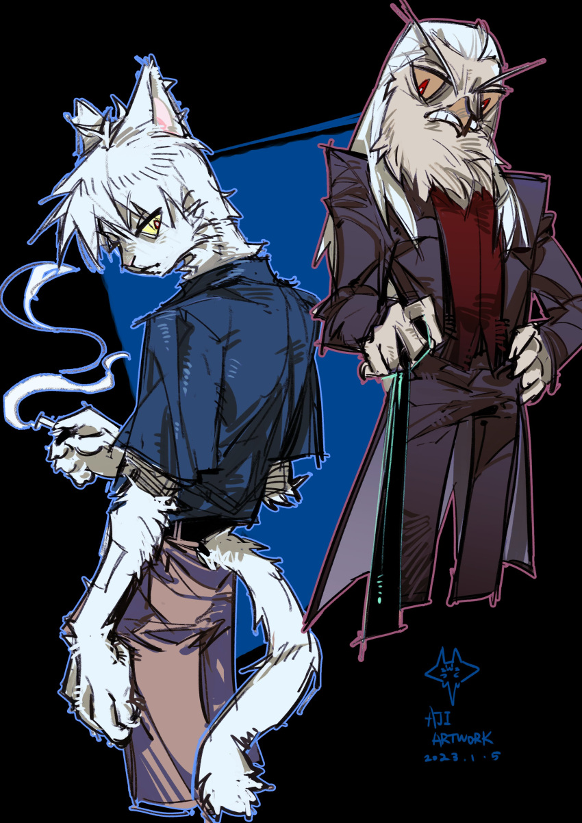 2boys, absurdres, akagi:_yami_ni_oritatta_tensai, akagi_shigeru, animal_ears, beak, belt, black_belt