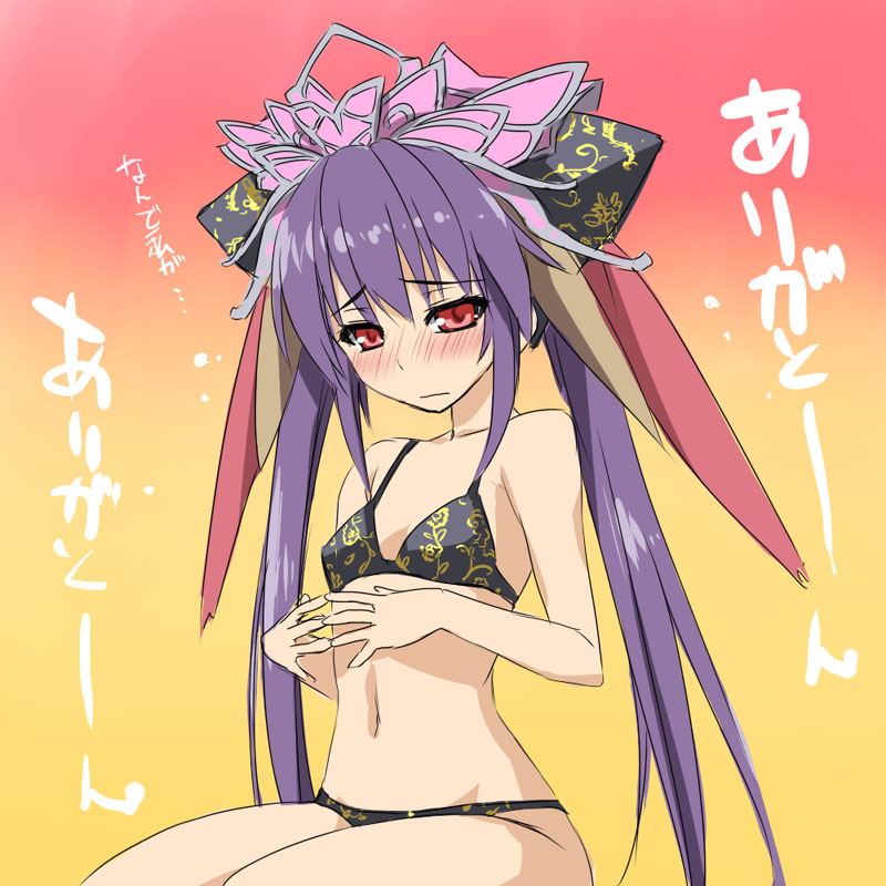 blush, hotori_(artist), hotori_(sion), patterned, purple_hair, red_eyes, sangokushi_taisen, swimsuit
