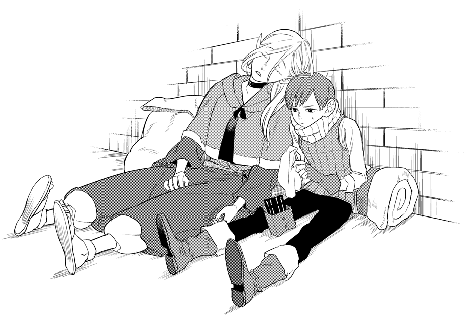 1boy, 1girl, belt, boots, brick_wall, chilchuck, choker, cleaning