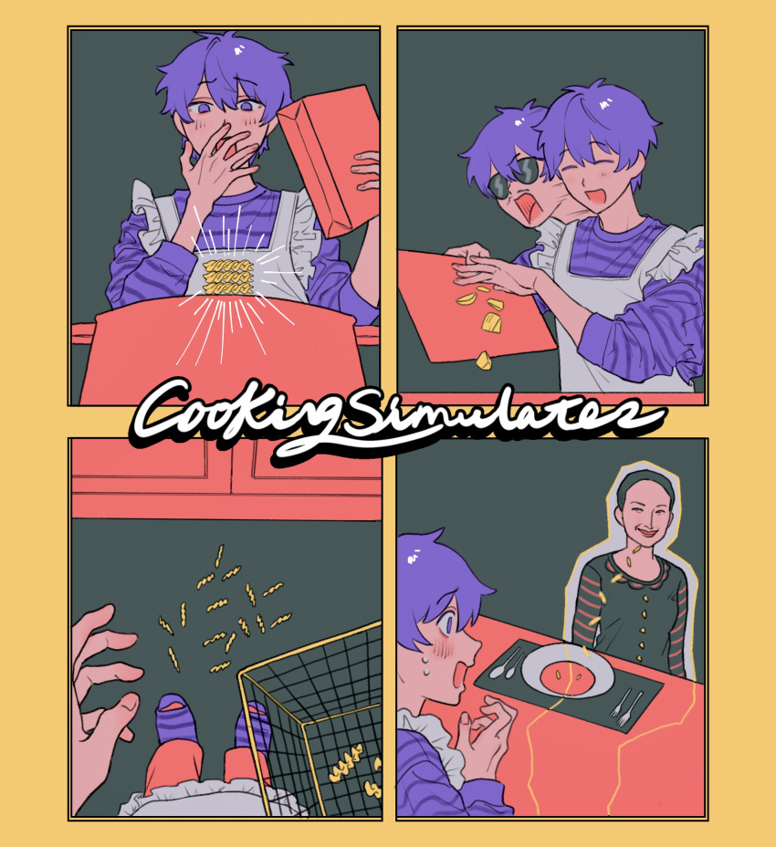 1boy, 1girl, absurdres, afterimage, apron, black_hair, black_shirt, blouse, blush, border, character_request, cooking, cooking_pot, cooking_simulator, copyright_name, covering_mouth, crossover, cursive, deep_fry_basket, dropping, food, frilled_apron, frills, gameplay_mechanics, hand_over_own_mouth, highres, jack-o'_ran-tan, napoli_no_otokotachi, no_shoes, pasta, pov, purple_hair, purple_socks, red_lips, reference_request, shirt, short_hair, sleeves_pushed_up, smile, socks, striped, striped_sleeves, striped_socks, striped_sweater, sunglasses, surprised, sweater, translation_request, violet_eyes, white_apron, wide-eyed, yellow_border, za_(sametapizza_)