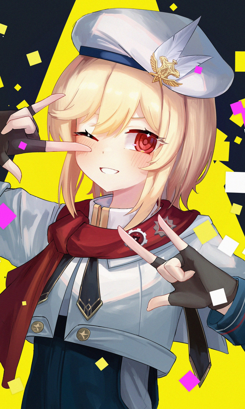 1girl, \m/, \n/, absurdres, beret, black_neckerchief, blonde_hair, blue_jumpsuit