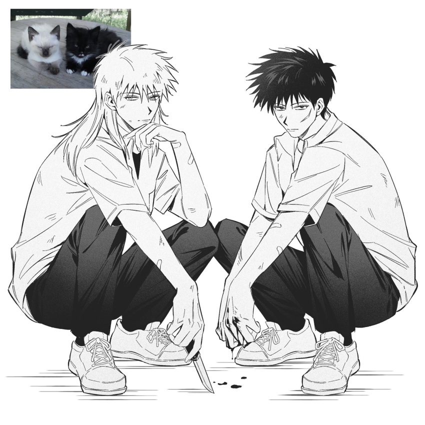 2boys, akagi_kaiji, bandaid, bandaid_on_arm, blood, blood_on_hands, cat, closed_mouth