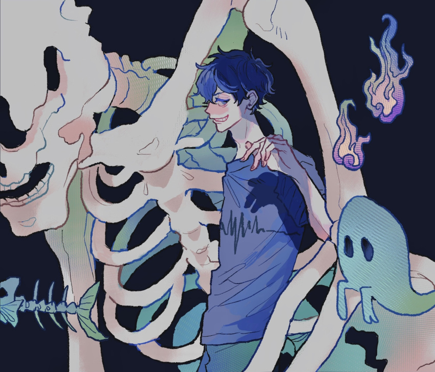 1boy, alternate_costume, alternate_eye_color, alternate_hair_color, black_background, blue_eyes, blue_hair, blue_shirt