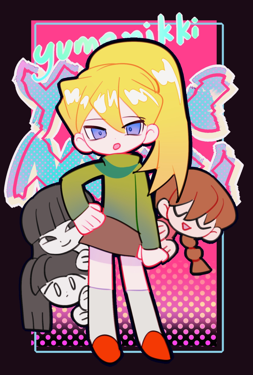 4girls, :o, behind_another, black_border, black_eyes, black_hair, blonde_hair, blue_eyes