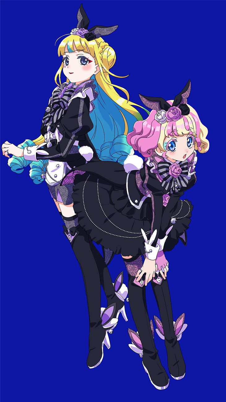 2girls, amauri_miruki, amauri_miruki_(primagista), animal_ears, black_footwear, black_jacket, black_skirt, blonde_hair