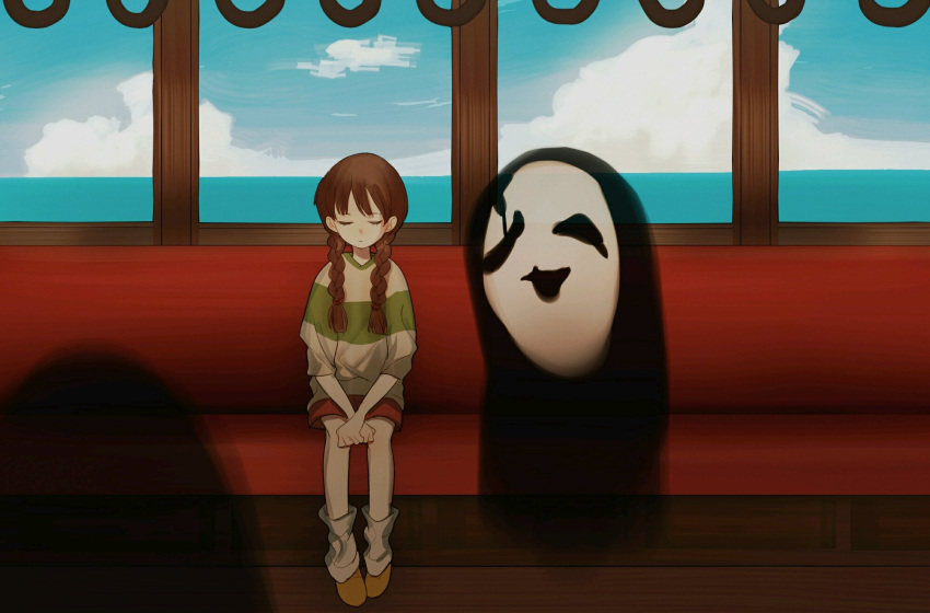 1girl, blue_sky, braid, brown_footwear, brown_hair, closed_eyes, closed_mouth, clouds