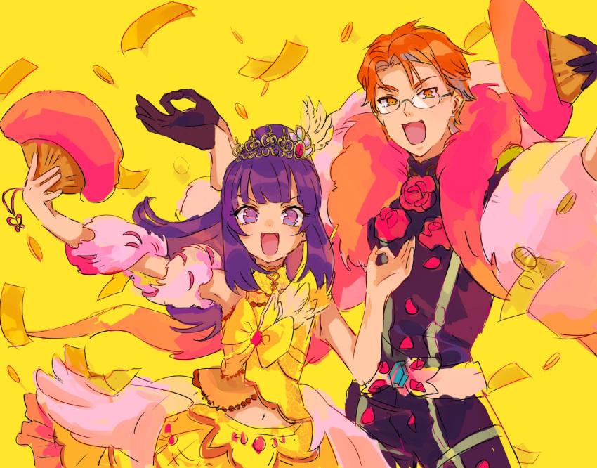 1boy, 1girl, :d, banknote, black_jacket, blunt_bangs, coin, feather_boa