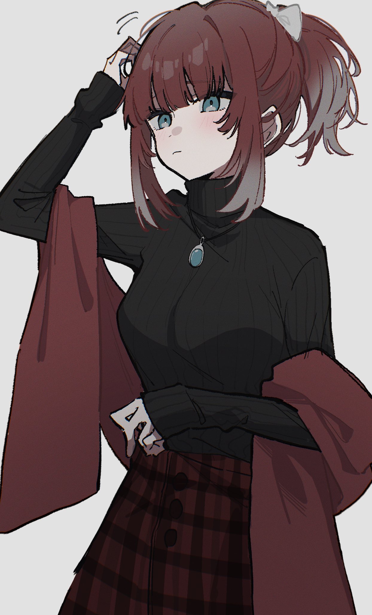 1girl, akatotonami_(vtuber), aqua_brooch, aqua_eyes, arm_up, black_sweater, bow, brooch, commentary, cowboy_shot, expressionless, full_burrrrrrst, grey_background, hair_bow, hand_in_own_hair, high_ponytail, highres, indie_virtual_youtuber, jewelry, long_sleeves, looking_to_the_side, medium_hair, plaid, plaid_skirt, red_scarf, redhead, scarf, sidelocks, simple_background, skirt, solo, sweater, turtleneck, turtleneck_sweater, virtual_youtuber, white_bow