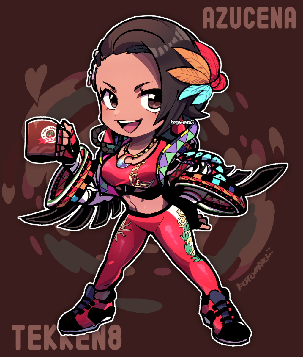 1girl, azucena_milagros_ortiz_castillo, brown_background, brown_eyes, brown_hair, cup, eyelashes, full_body