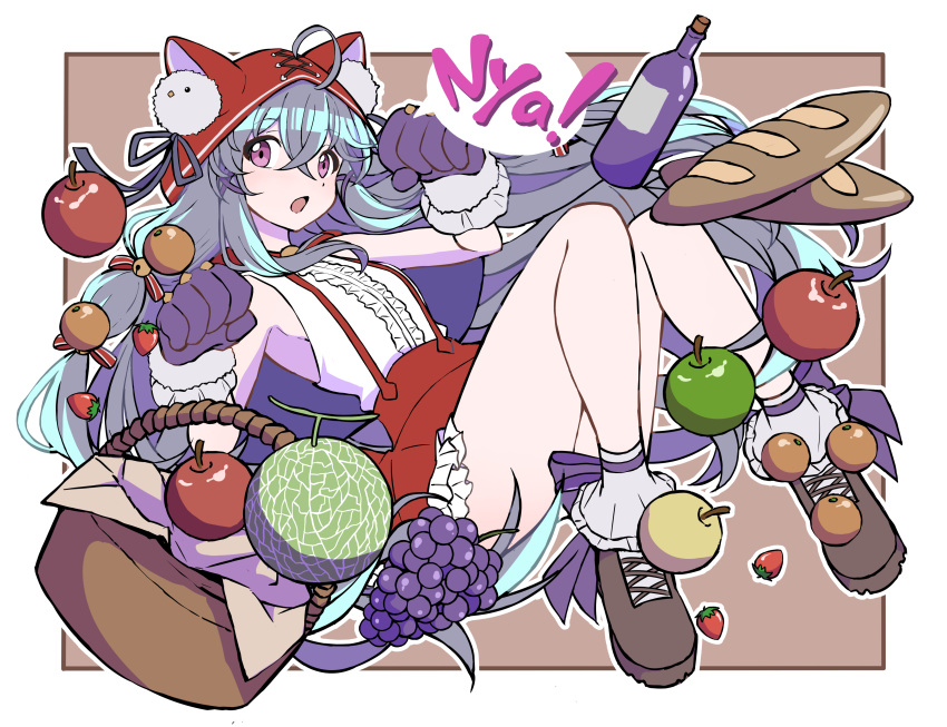absurdres, animal_ear_hood, apple, baguette, bare_legs, bare_shoulders, bottle, bread