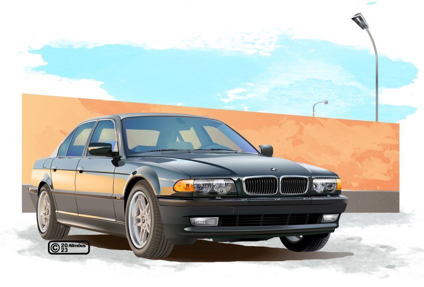 2023, artist_name, black_car, bmw, bmw_e38, car, commentary_request, copyright_notice
