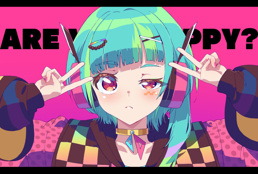 1girl, blue_hair, blunt_bangs, blush, choker, closed_mouth, double_v, eyeshadow