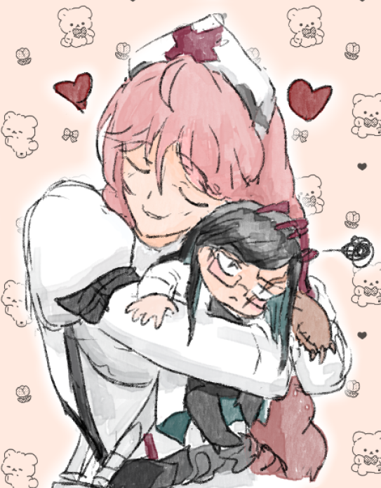 alternate_size, anne_(path_to_nowhere), bear_background, black_hair, braid, glasses, grumpy, heart