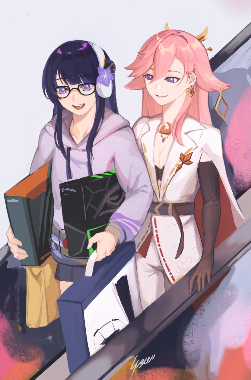 2girls, bag, dress, elbow_gloves, escalator, genshin_impact, glasses, gloves, highres, hood, hoodie, jewelry, multiple_girls, pants, pink_hair, purple_hair, purple_hoodie, raiden_shogun, raiden_shogun_(2nd_anniversary), scanner3000, tagme, white_dress, white_pants, yae_miko, yae_miko_(2nd_anniversary)