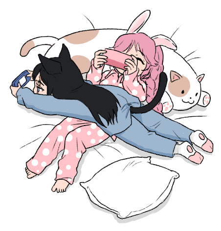 alternate_costume, animal_ears, anne_(path_to_nowhere), barefoot, black_hair, blue_pajamas, braid, iron_(path_to_nowhere)