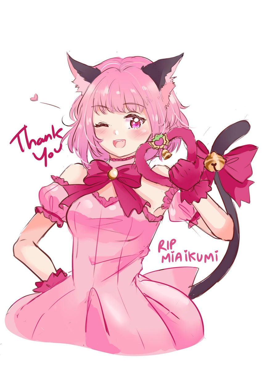 1girl, animal_ears, bare_shoulders, bell, bow, bowtie, breasts, cat_ears, cat_tail, choker, cropped_legs, detached_sleeves, dress, gloves, highres, ikumi_mia_(mangaka), jingle_bell, lapislazulite, light_blush, looking_at_viewer, magical_girl, medium_breasts, mew_ichigo, momomiya_ichigo, one_eye_closed, open_mouth, pink_bow, pink_choker, pink_dress, pink_eyes, pink_gloves, pink_hair, puffy_detached_sleeves, puffy_sleeves, short_hair, simple_background, solo, strapless, strapless_dress, tail, tail_bell, tail_bow, tail_ornament, teeth, tokyo_mew_mew, upper_teeth_only, white_background