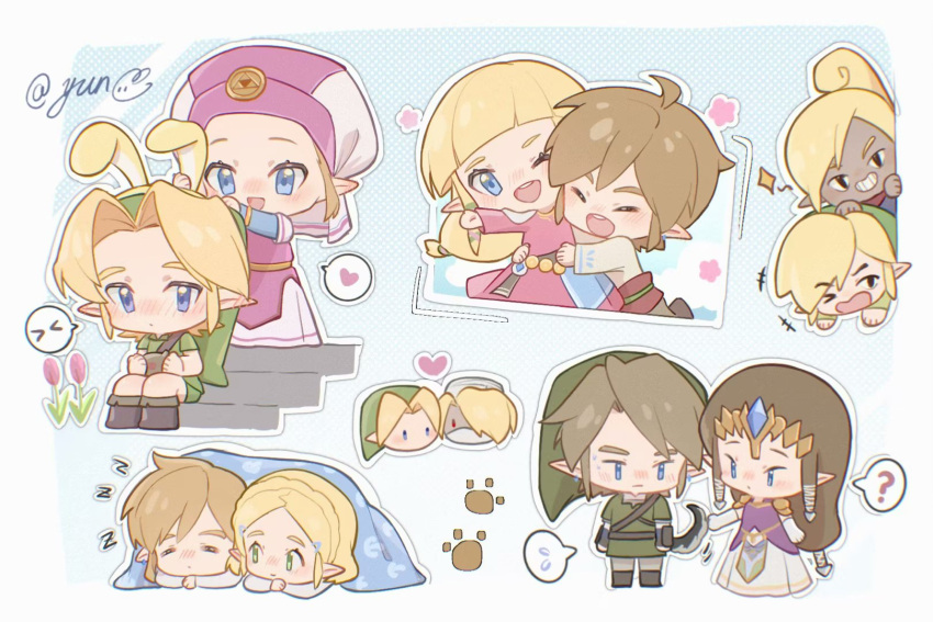 >_o, ?, animal_ears, arm_guards, armor, blanket, blonde_hair, blue_eyes