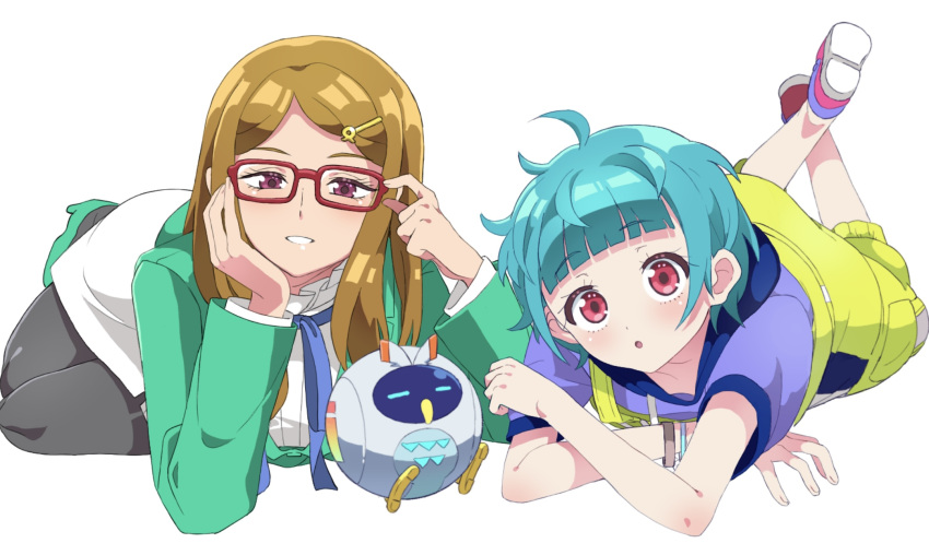 2girls, adjusting_eyewear, ahoge, akai_meganee, bird, black_pantyhose, blue_hair, blue_ribbon