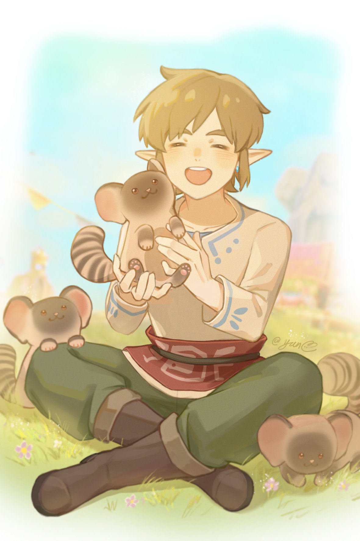 1boy, animal, boots, brown_footwear, chinese_commentary, commentary_request, earrings, grass