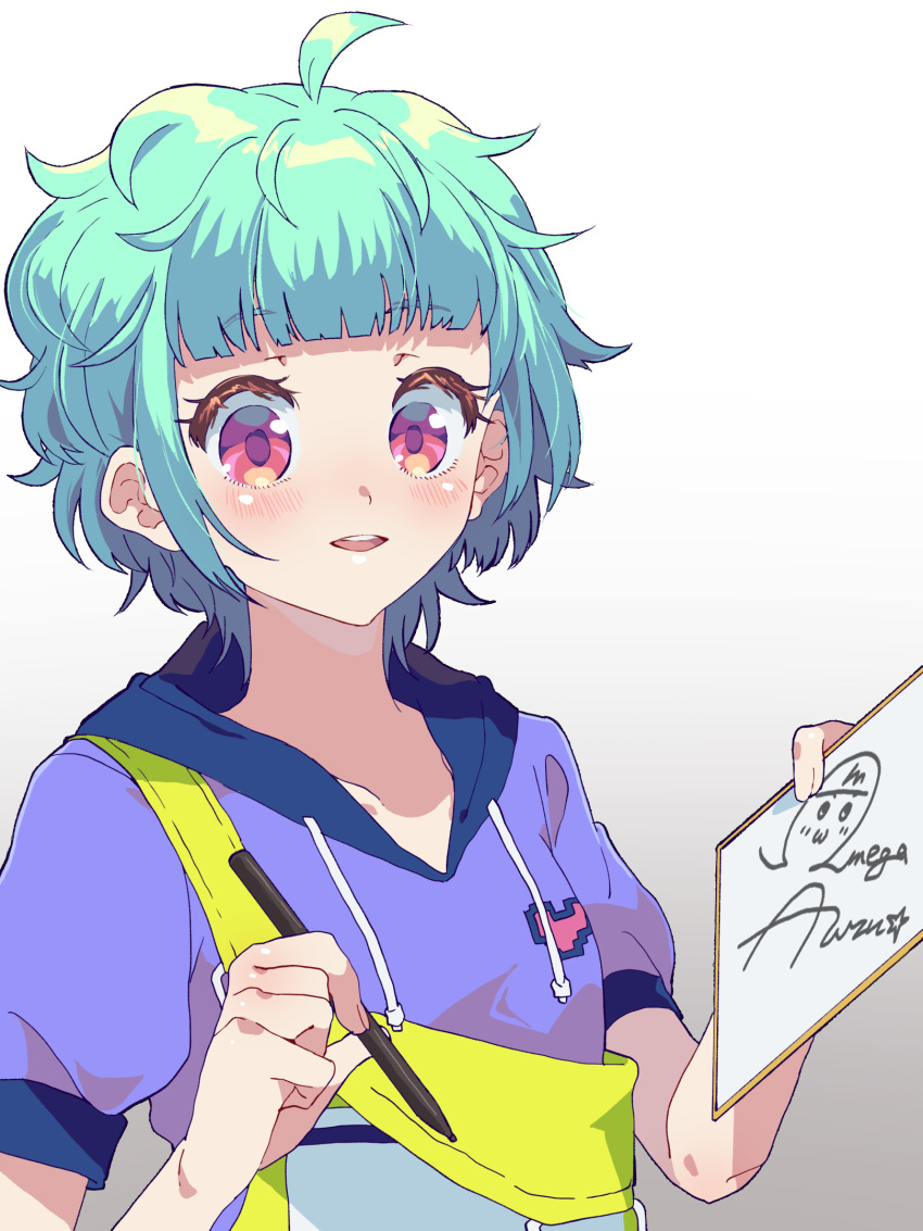 1girl, :d, ahoge, blue_hair, blunt_bangs, blush, character_name, character_signature