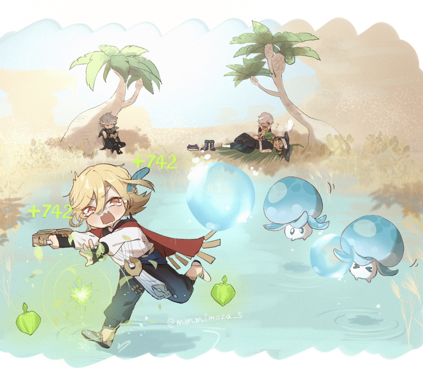 >_<, 4boys, ahoge, ajilenakh_nut_(genshin_impact), alhaitham_(genshin_impact), animal_ears, artist_name, black_footwear