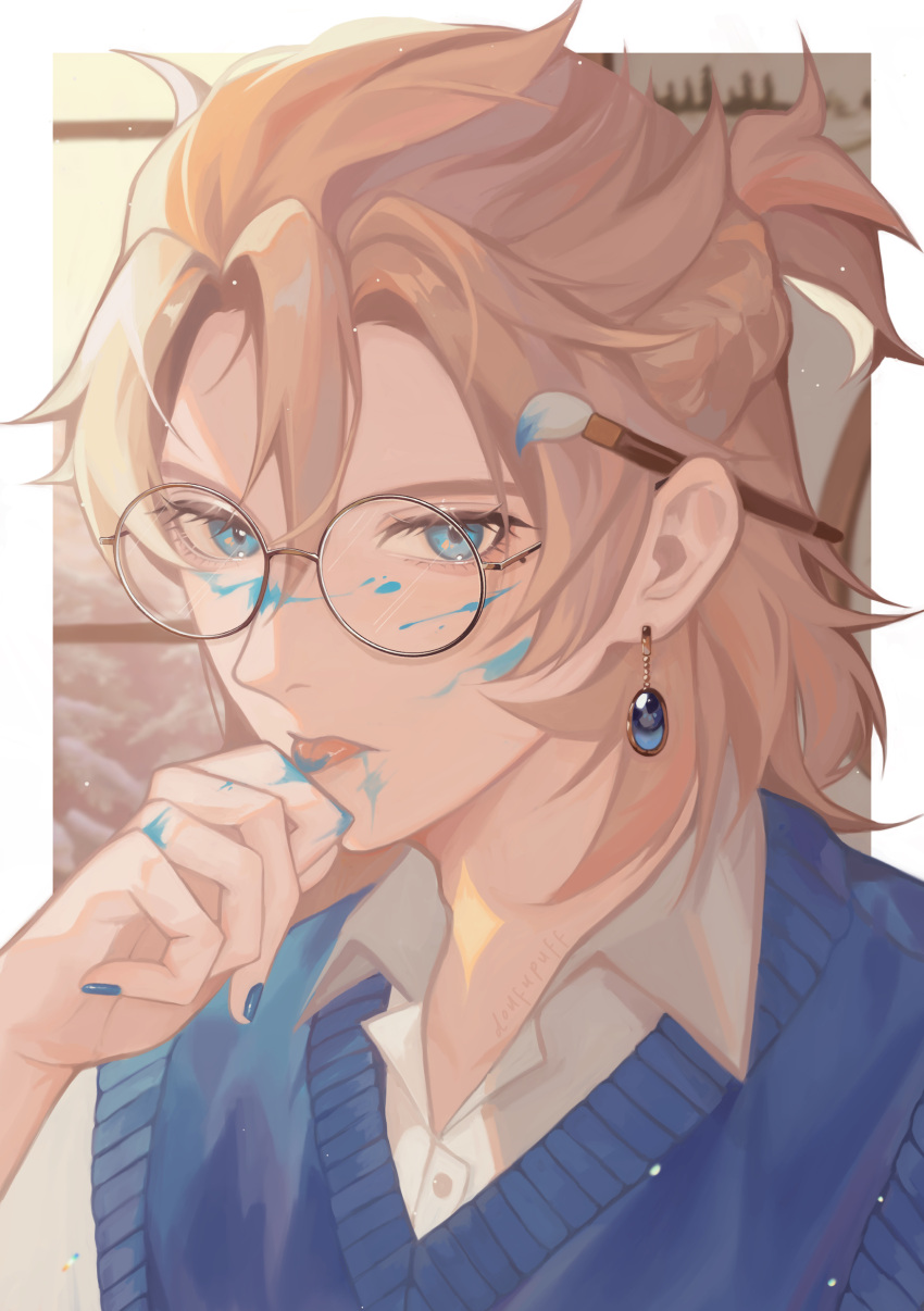 1boy, absurdres, albedo_(genshin_impact), bespectacled, blonde_hair, blue_eyes, blue_nails, blue_sweater_vest