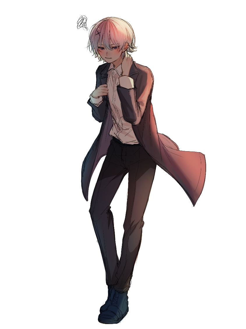 1boy, black_jacket, black_pants, character_request, check_character, collared_shirt, hair_ornament, jacket