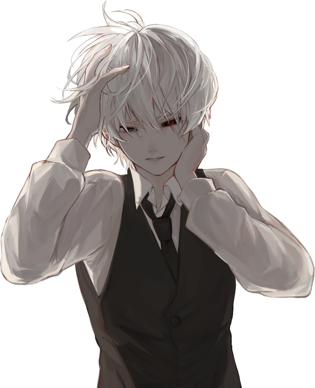 1boy, black_necktie, black_sclera, black_vest, collared_shirt, colored_sclera, hands_up, highres