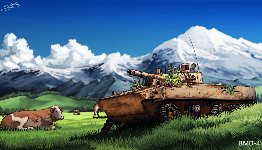 abandoned, blue_sky, bmd-4, clouds, cow, grass, hans_(pixiv_37537768), highres