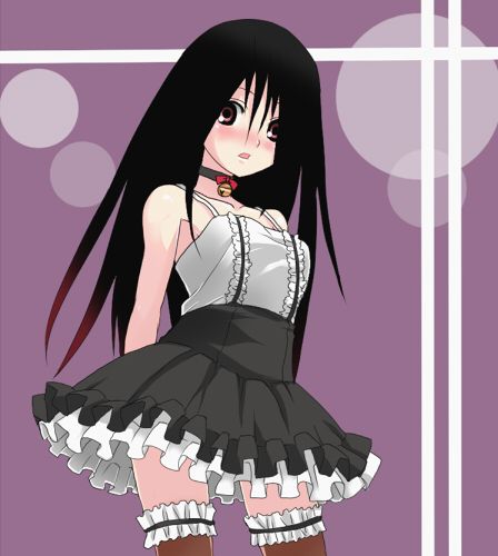 black_hair, blush, brown_eyes, collar, dress, ekra, frills, komori_kiri