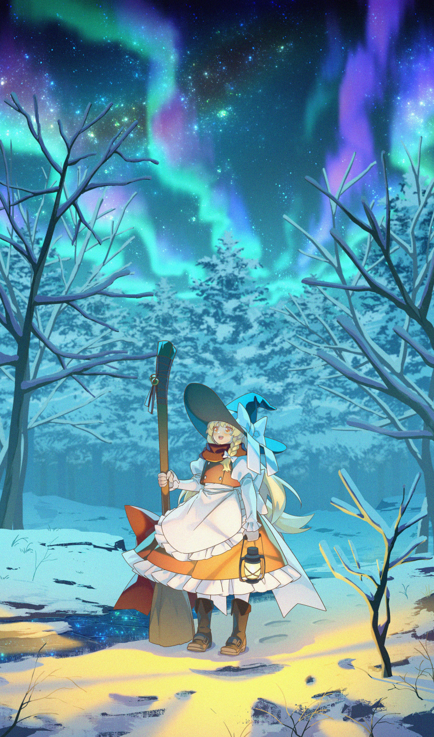 1girl, absurdres, apron, aurora, bare_tree, black_footwear, black_headwear, black_skirt