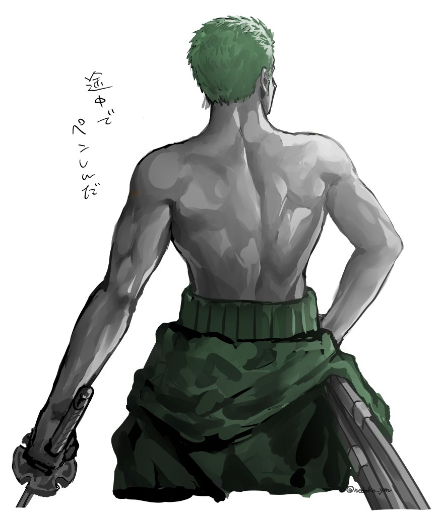 1boy, back, back_focus, earrings, from_behind, green_hair, hand_on_own_hip, haramaki