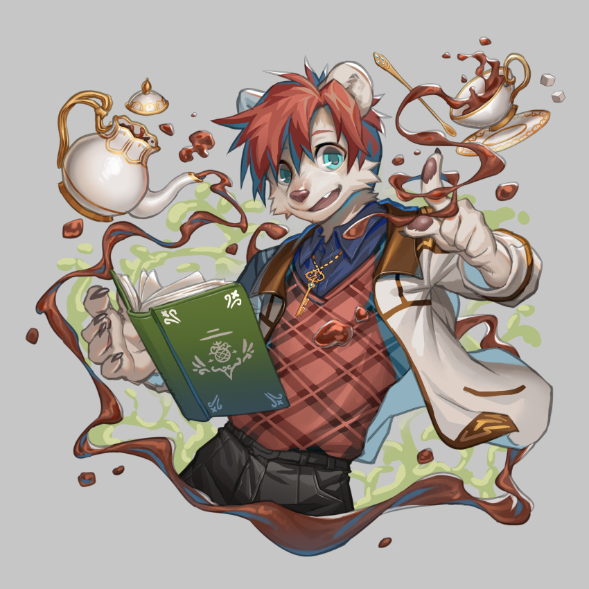 1boy, absurdres, blue_eyes, book, chinese_commentary, claws, commentary_request, cup