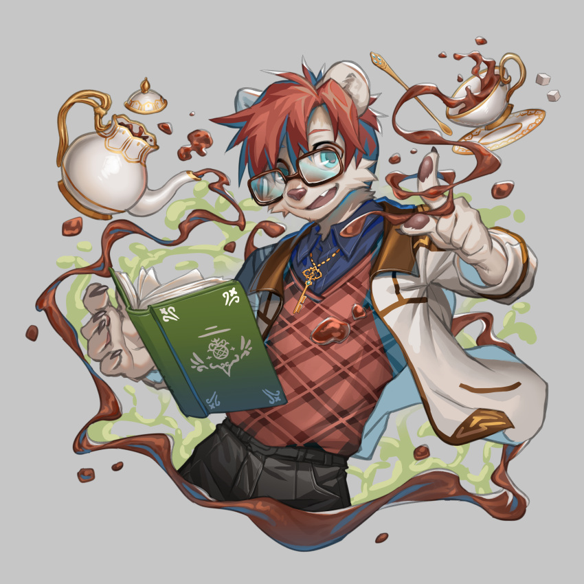 1boy, absurdres, blue_eyes, book, chinese_commentary, claws, commentary_request, cup