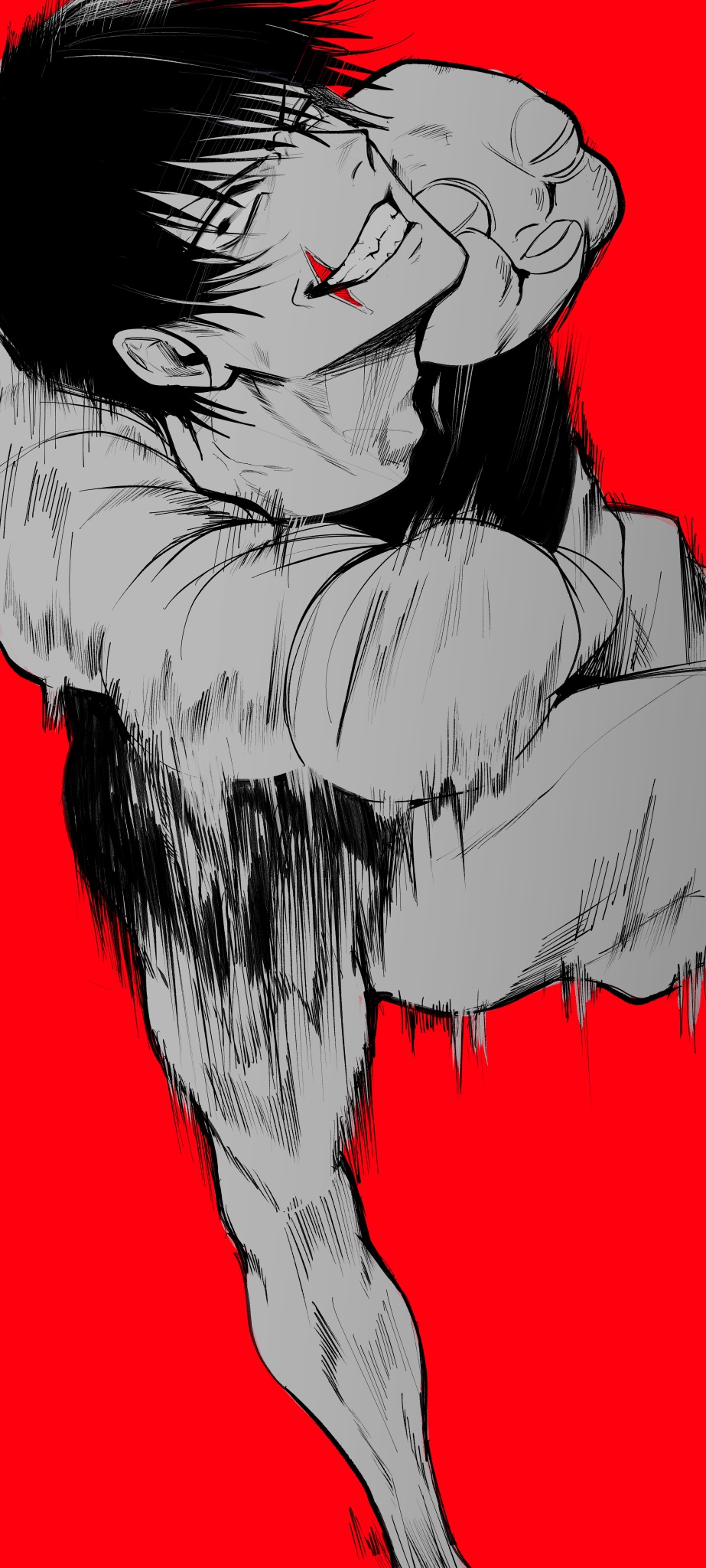 1boy, fushiguro_touji, greyscale, greyscale_with_colored_background, grin, highres, jujutsu_kaisen, looking_at_viewer